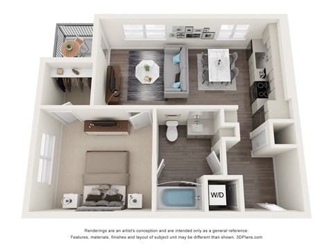 Floor plan for 1 bed, 1 bath, 713 sqft